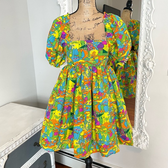 New York Couture *One of a Kind* Vintage PYSCHODELIC 1960’s Puff Sleeve Dress - Picture 7 of 9